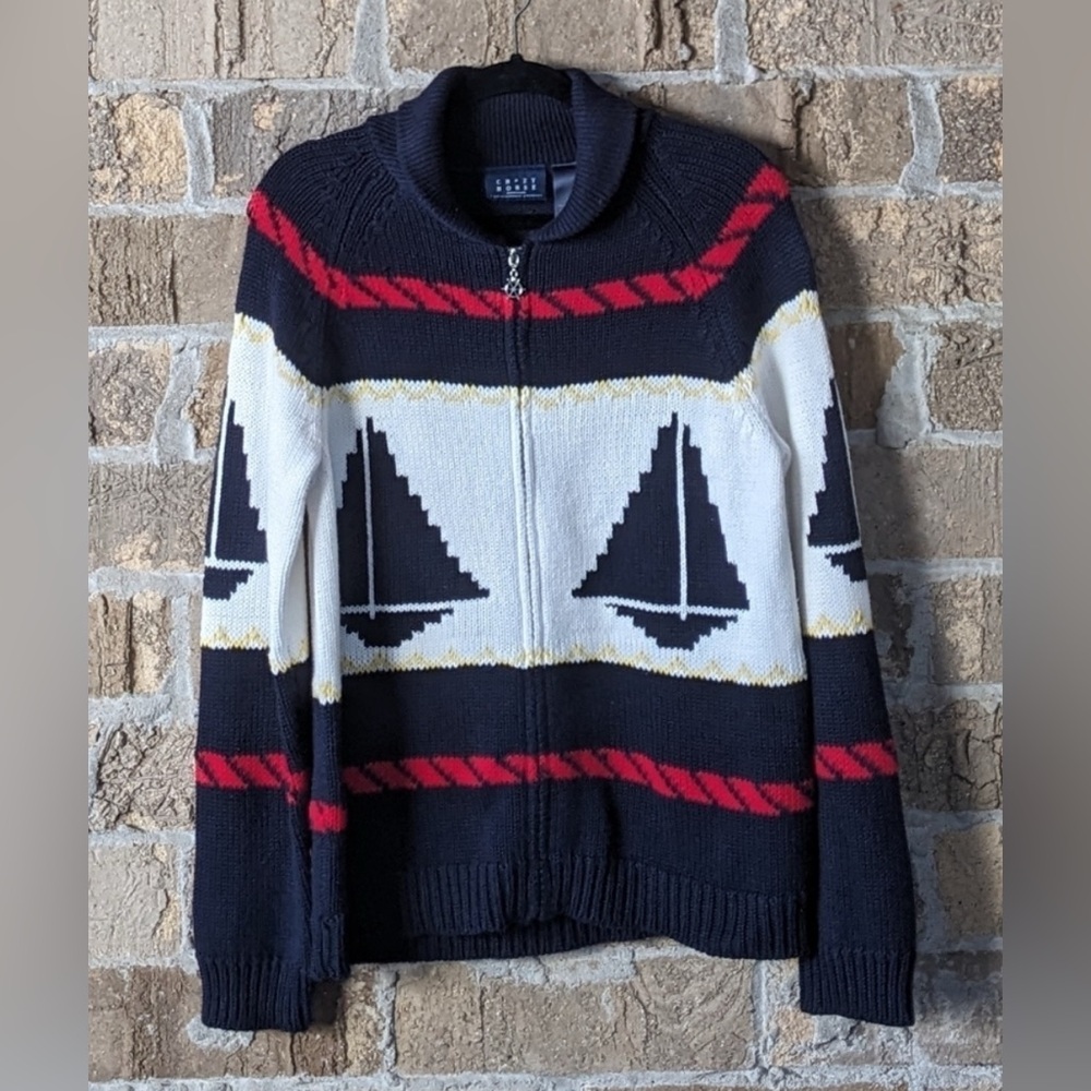 Vintage 90s Crazy Horse Nautical Sailboat Knit Cardigan Sweater Size Medium